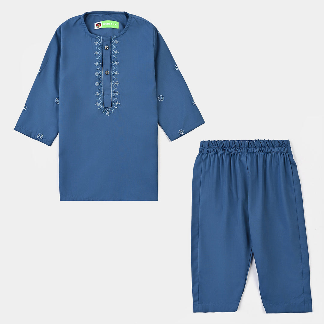 Infant Boys Cotton Kurta Pajama Suit (Floral EMB)-T.Blue