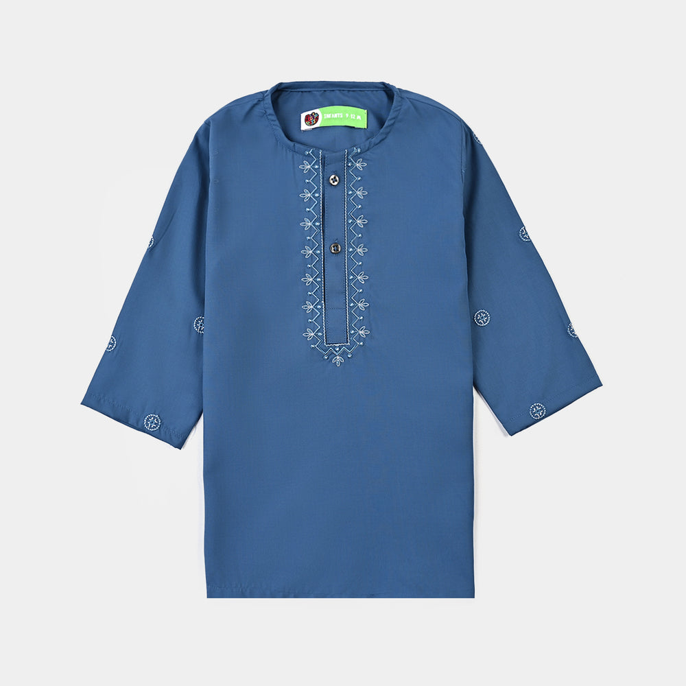 Infant Boys Cotton Kurta Pajama Suit (Floral EMB)-T.Blue