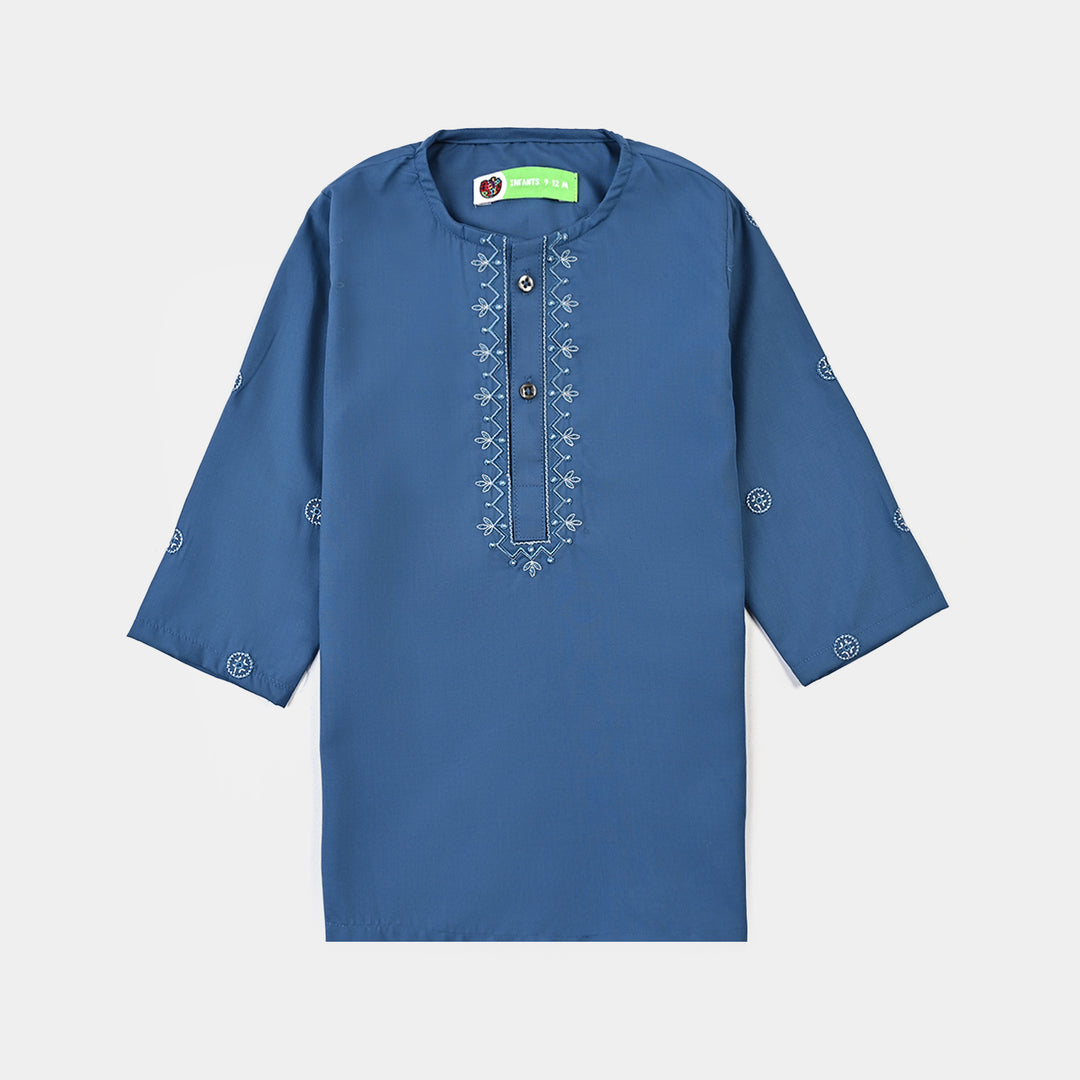Infant Boys Cotton Kurta Pajama Suit (Floral EMB)-T.Blue