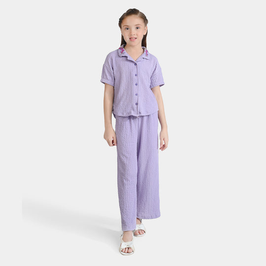 Girls Poly Crinkle 2 Piece Suit Flora Lilac-ORCHID