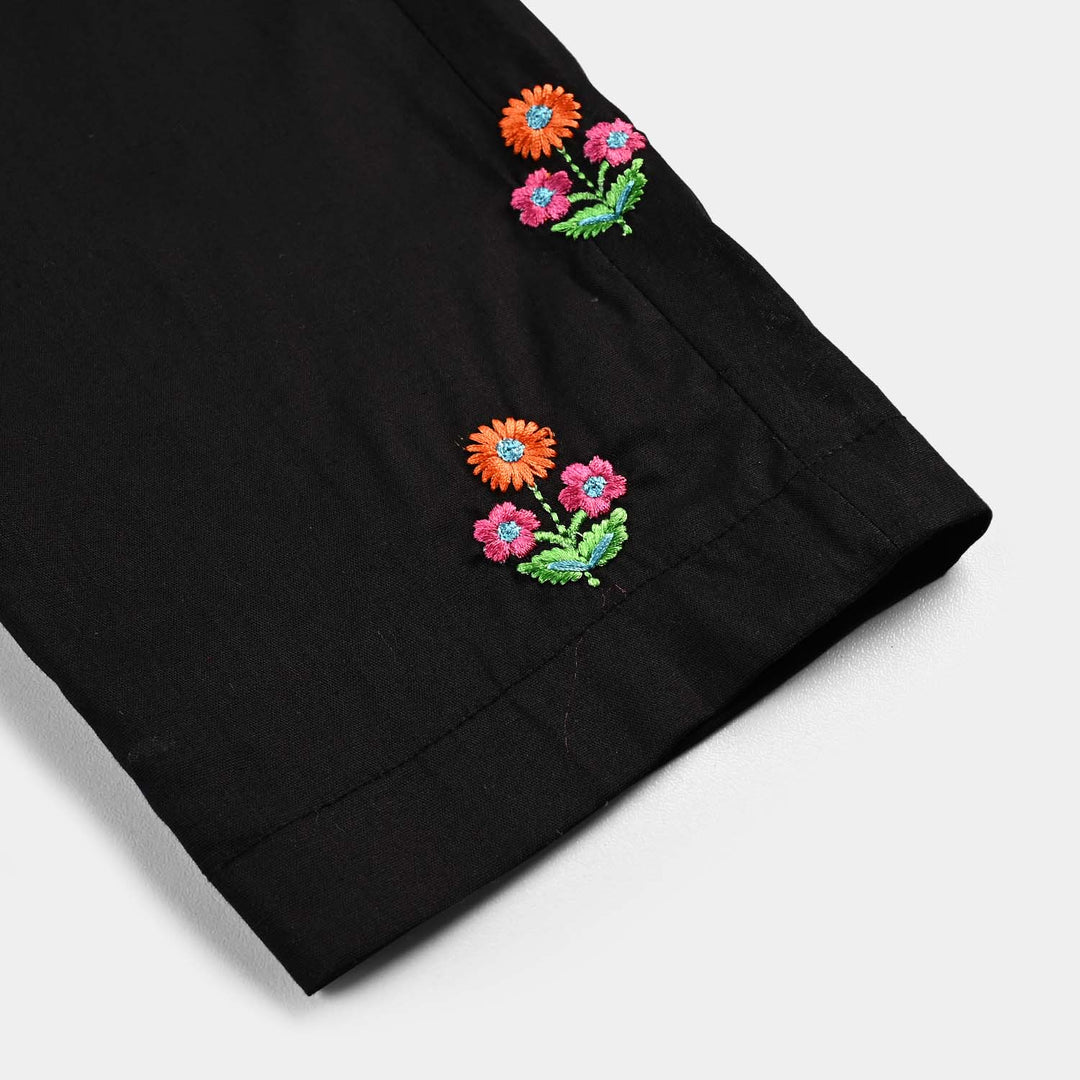 Girls Cotton Flower Emb Straight Pant-BLACK