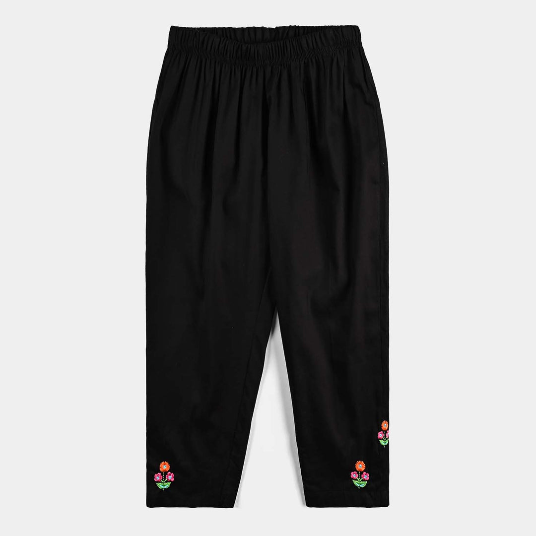 Girls Cotton Flower Emb Straight Pant-BLACK