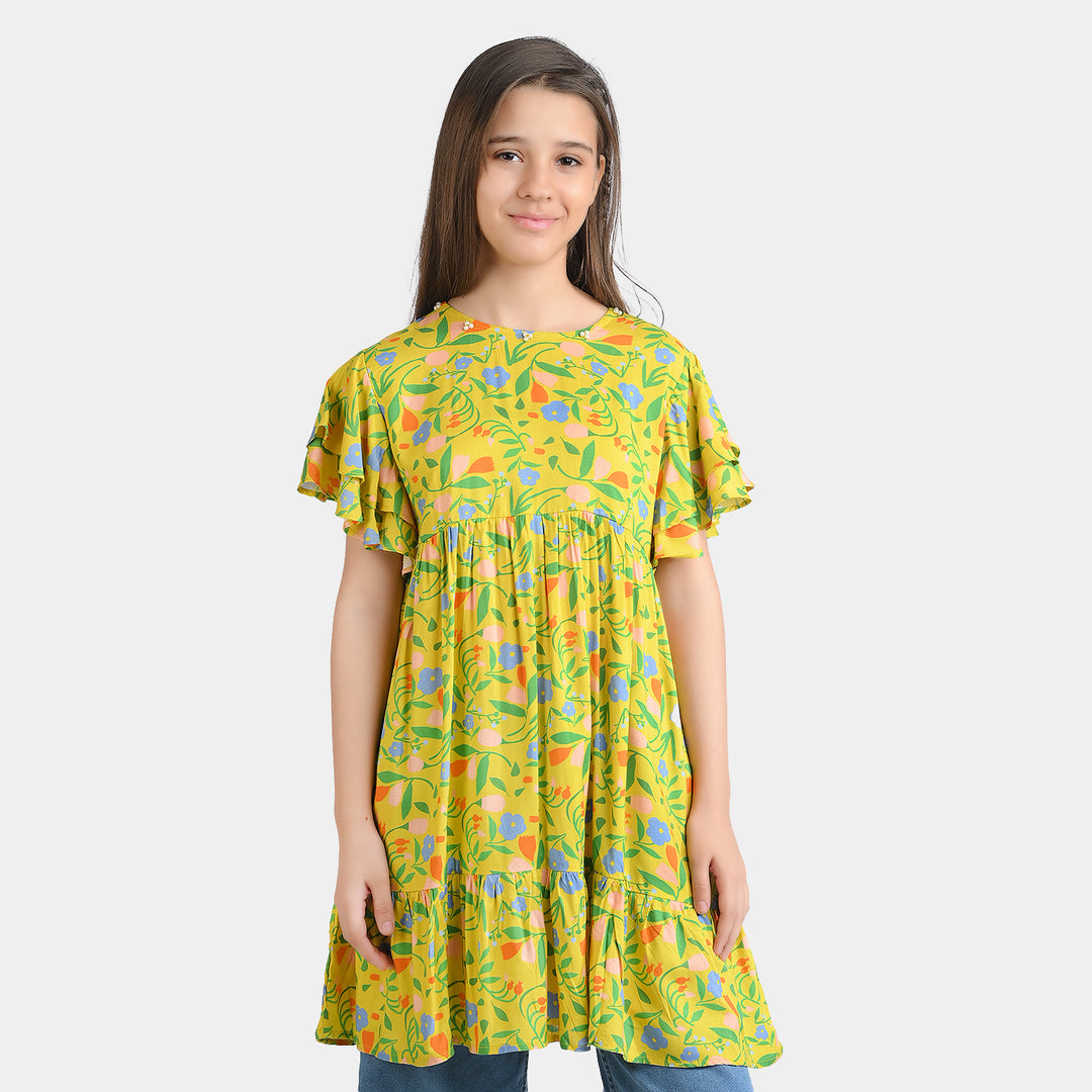 Girls Cotton Viscose Casual Frock - Yellow