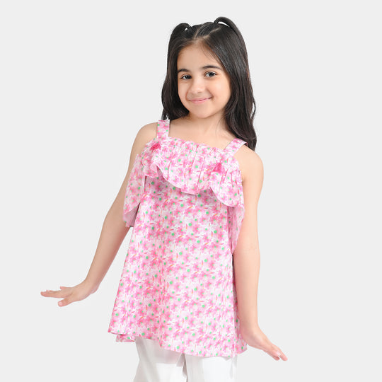 Girls Cotton Poplin Casual Top Pink Daisy