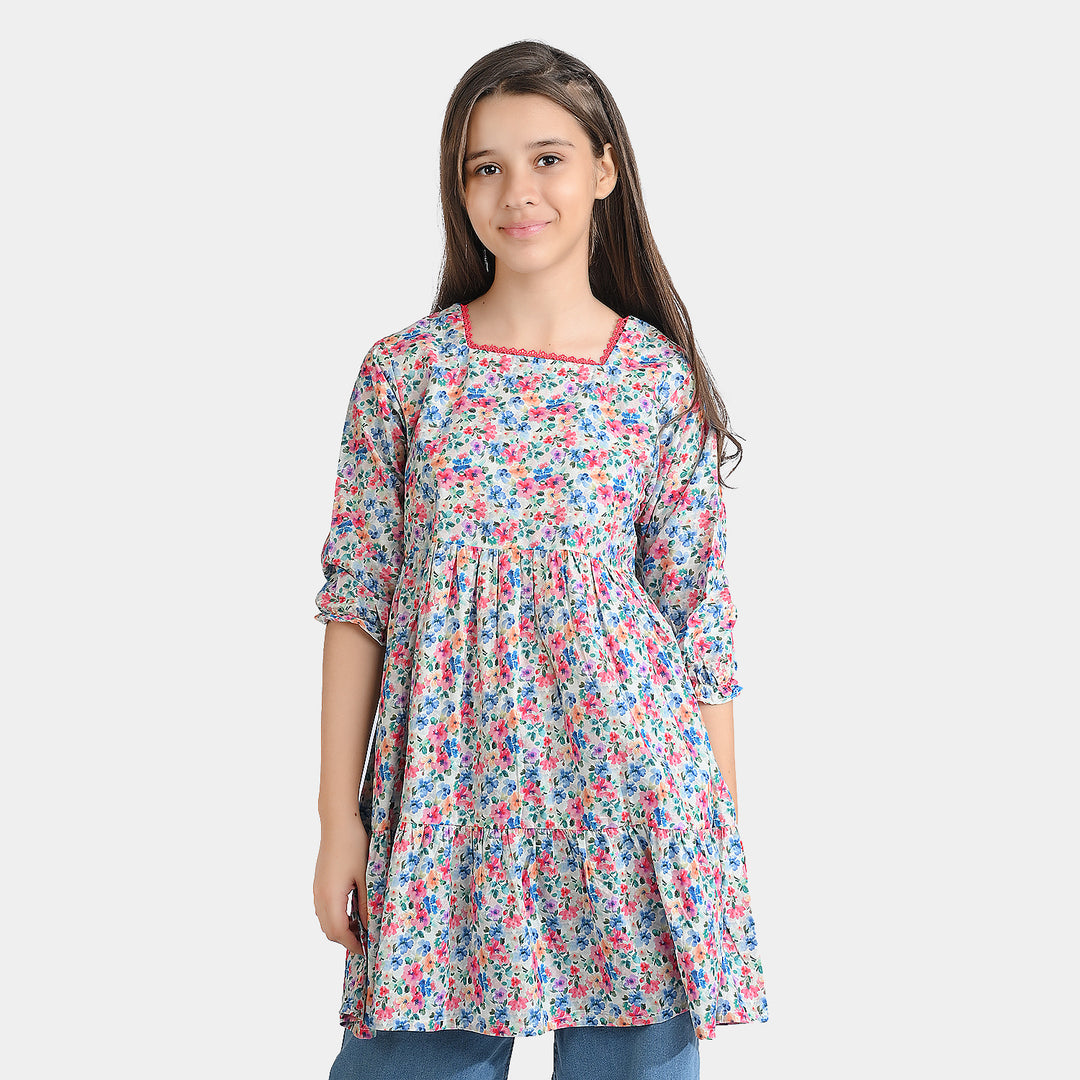 Girls Cotton Poplin Casual Frock Floral - Multi