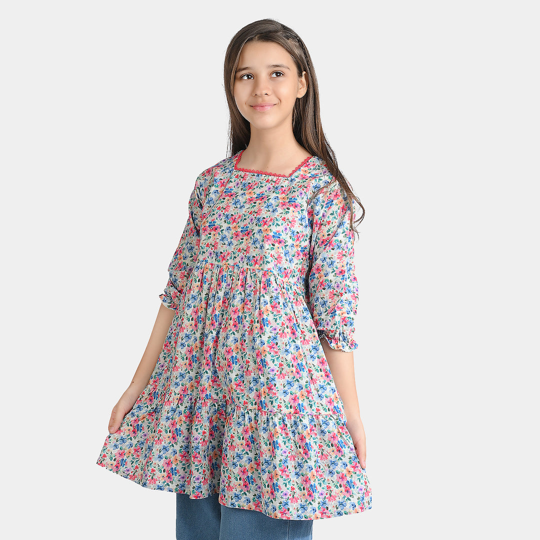 Girls Cotton Poplin Casual Frock Floral - Multi