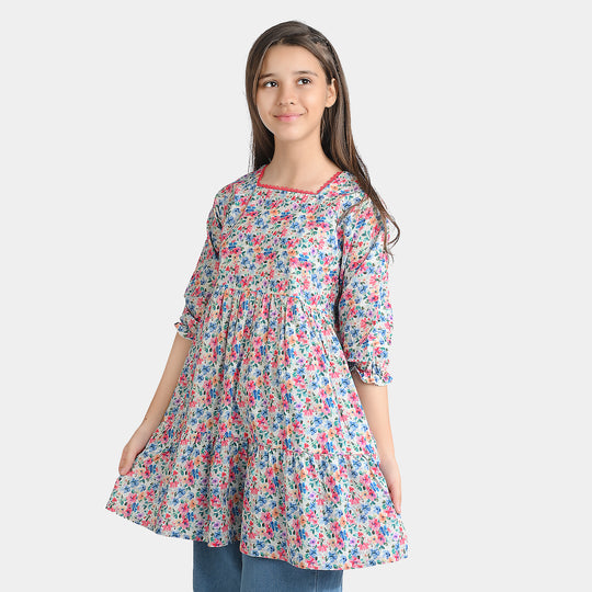 Girls Cotton Poplin Casual Frock Floral - Multi