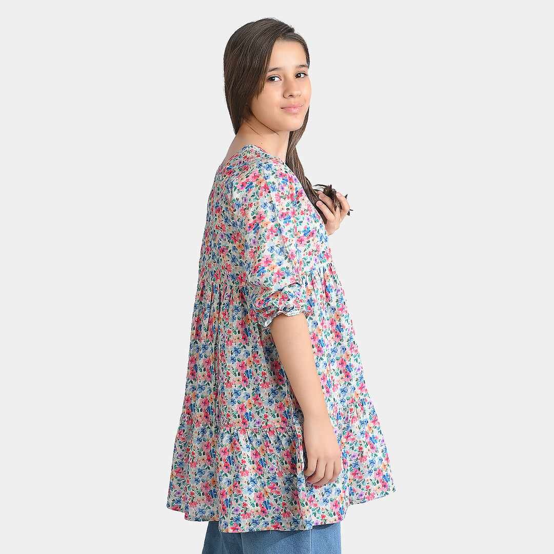 Girls Cotton Poplin Casual Frock Floral - Multi