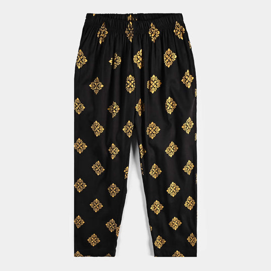 Girls Cotton Printed Pants - Black