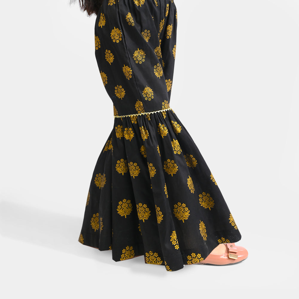 Girls Cotton Printed Gharara-BLACK