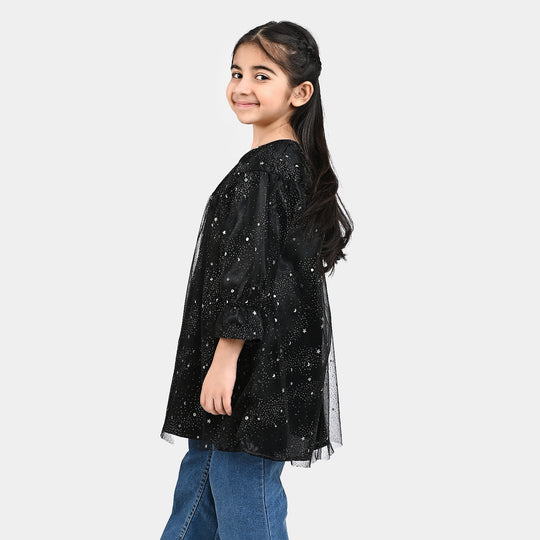 Girls Poly Net Casual Frock Black Glittery-BLACK