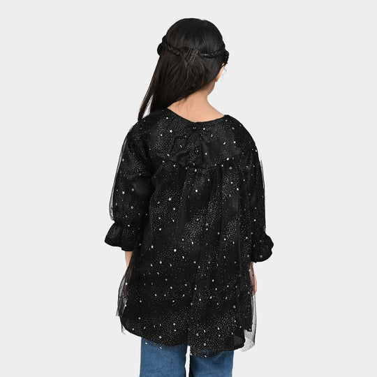 Girls Poly Net Casual Frock Black Glittery-BLACK