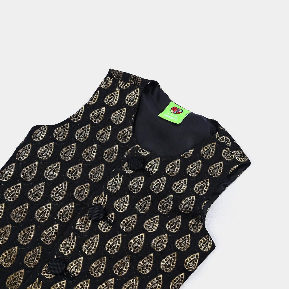 Infant Poly Viscose Waistcoat (Golden Motif)-BLACK