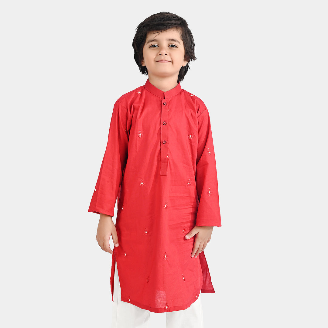 Boys Cotton Poplin Embroidered Kurta - Red