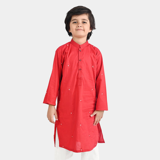 Boys Cotton Poplin Embroidered Kurta - Red