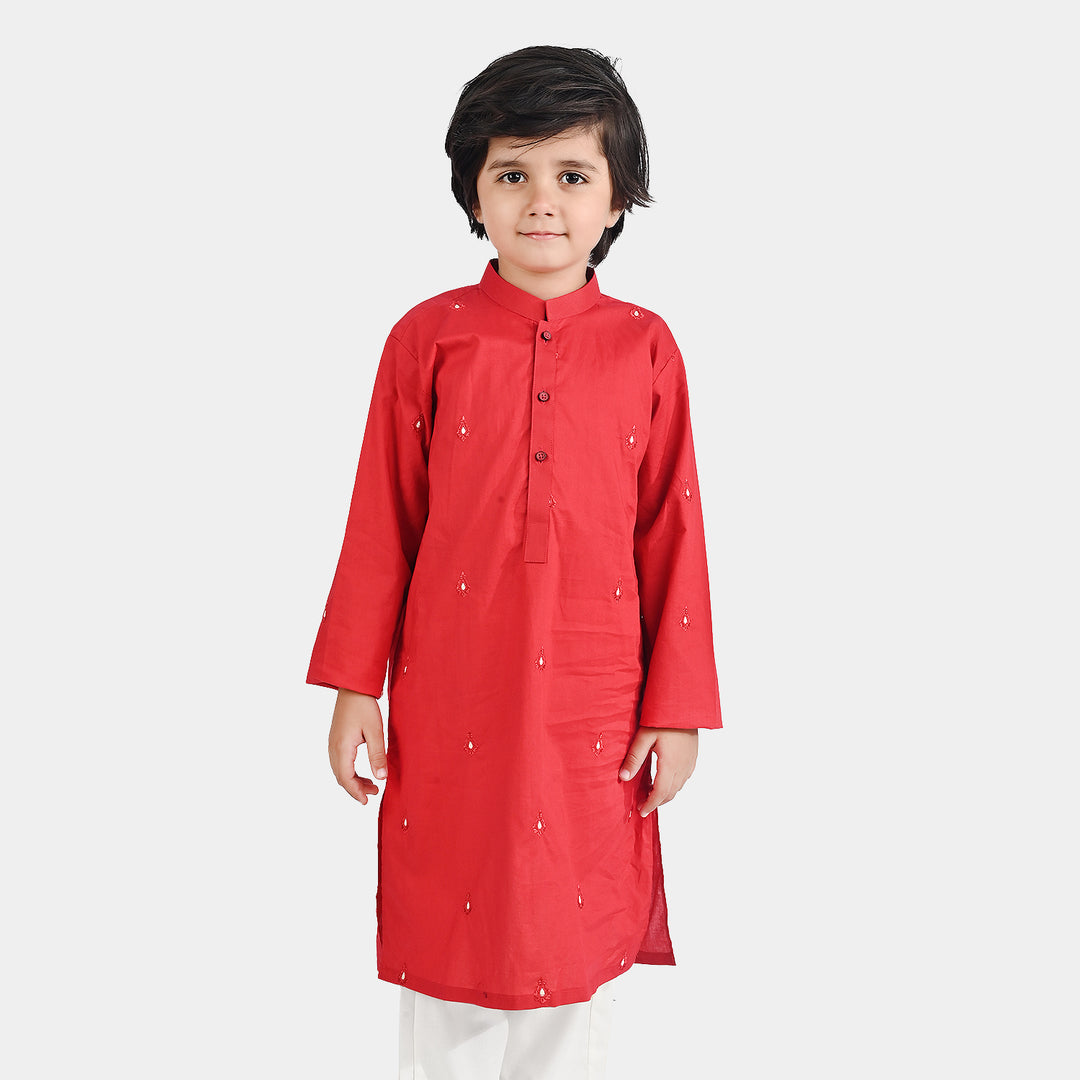 Boys Cotton Poplin Embroidered Kurta - Red