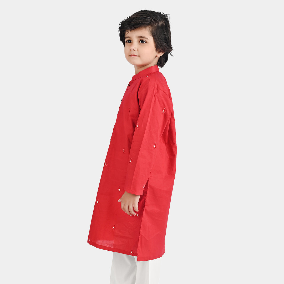 Boys Cotton Poplin Embroidered Kurta - Red