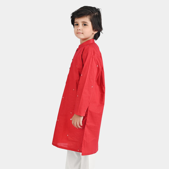 Boys Cotton Poplin Embroidered Kurta - Red