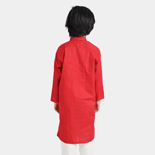 Boys Cotton Poplin Embroidered Kurta - Red
