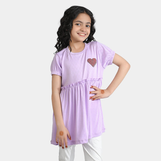 Girls Jacquard Jersey Frock Hearts-Purple