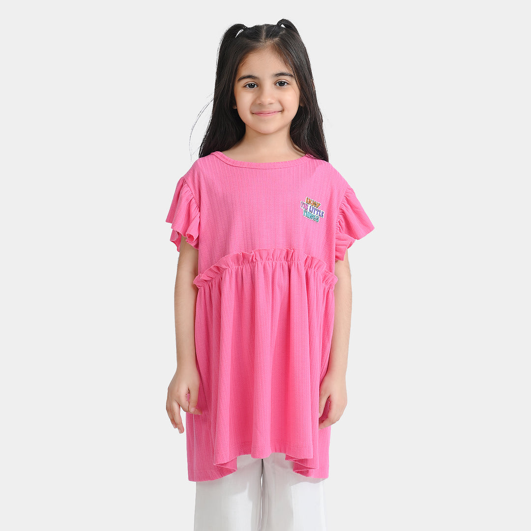 Girls Jacquard Jersey Frock Enjoy The Little Thing-Pink