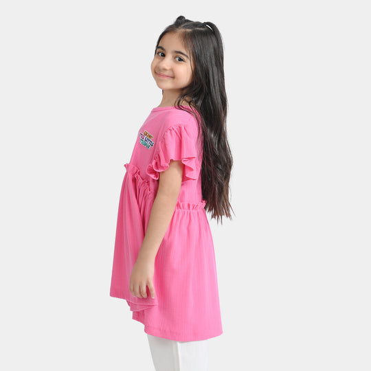 Girls Jacquard Jersey Frock Enjoy The Little Thing-Pink