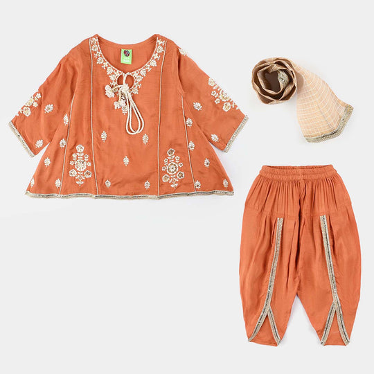 Infant Girls Raw Silk 3Pcs (Khwahish) - Rust