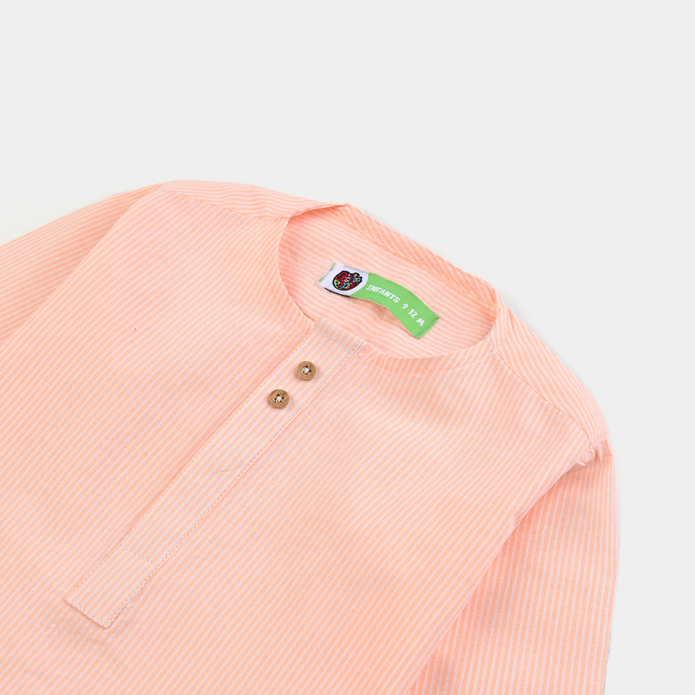 Infant Boys Yarn Dyed Basic Kurta (Ban Collar)-Lt.Orange