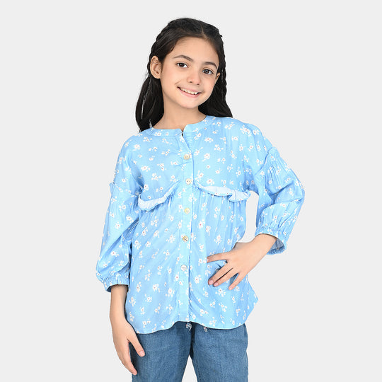 Girls Cotton Viscos Casual Top Sky Blue Floral-SKY BLUE