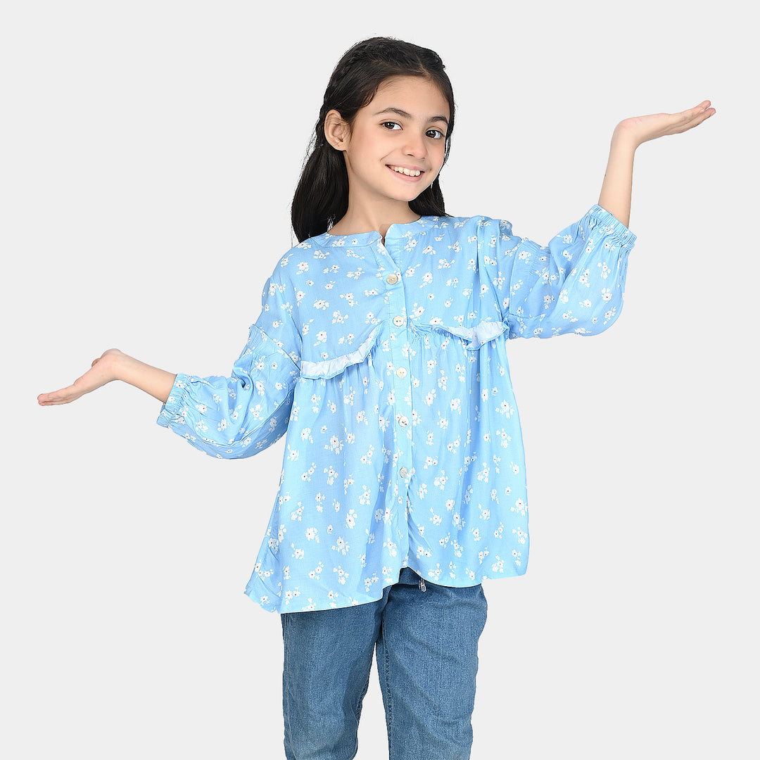Girls Cotton Viscos Casual Top Sky Blue Floral-SKY BLUE
