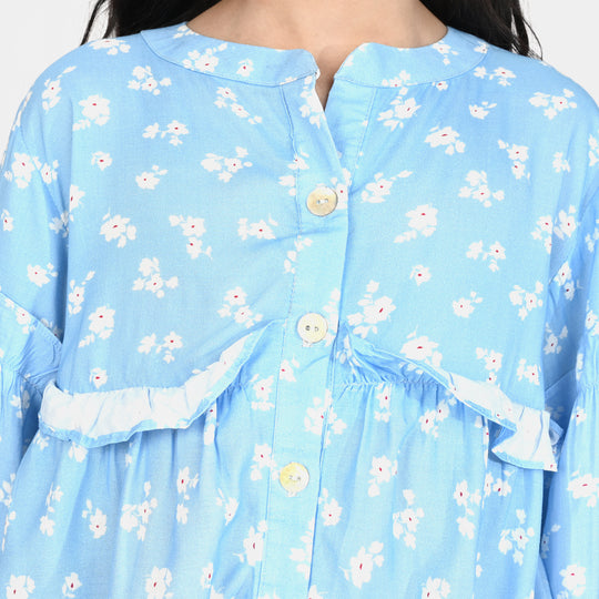 Girls Cotton Viscos Casual Top Sky Blue Floral-SKY BLUE