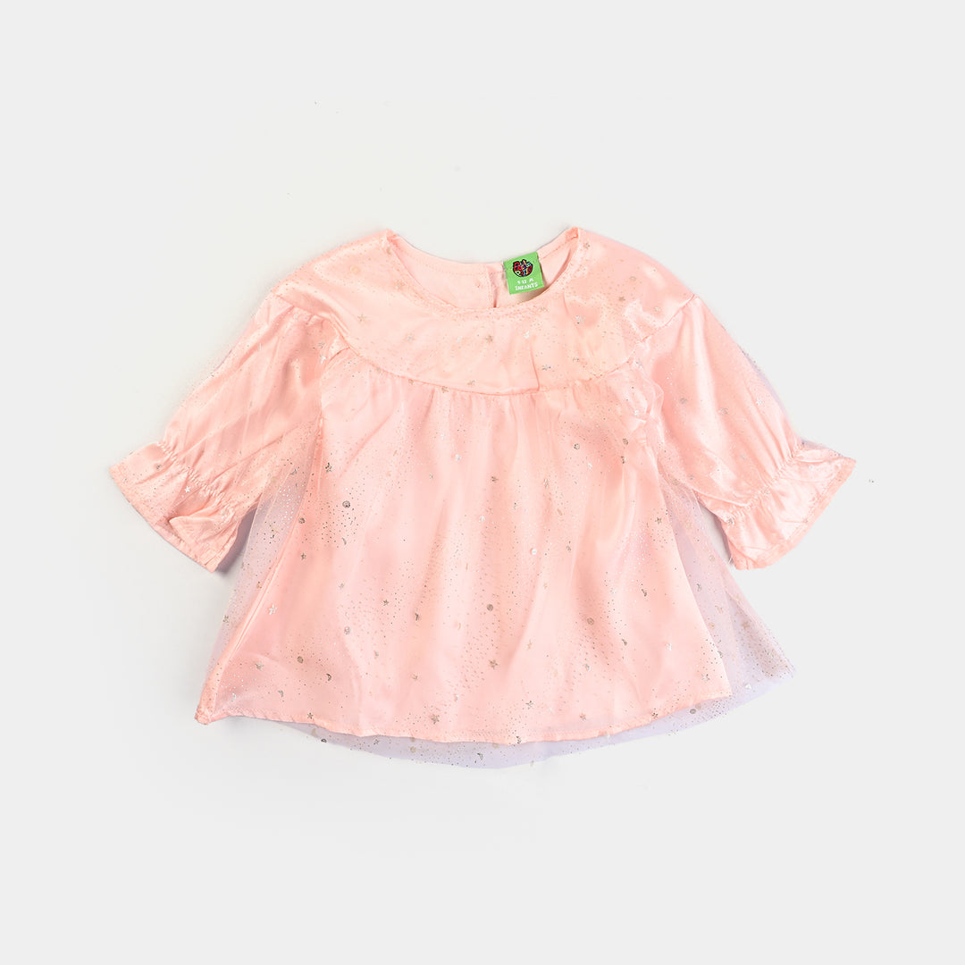 Infant Girls Poly Net Casual Frock Pink Glittery-PINK