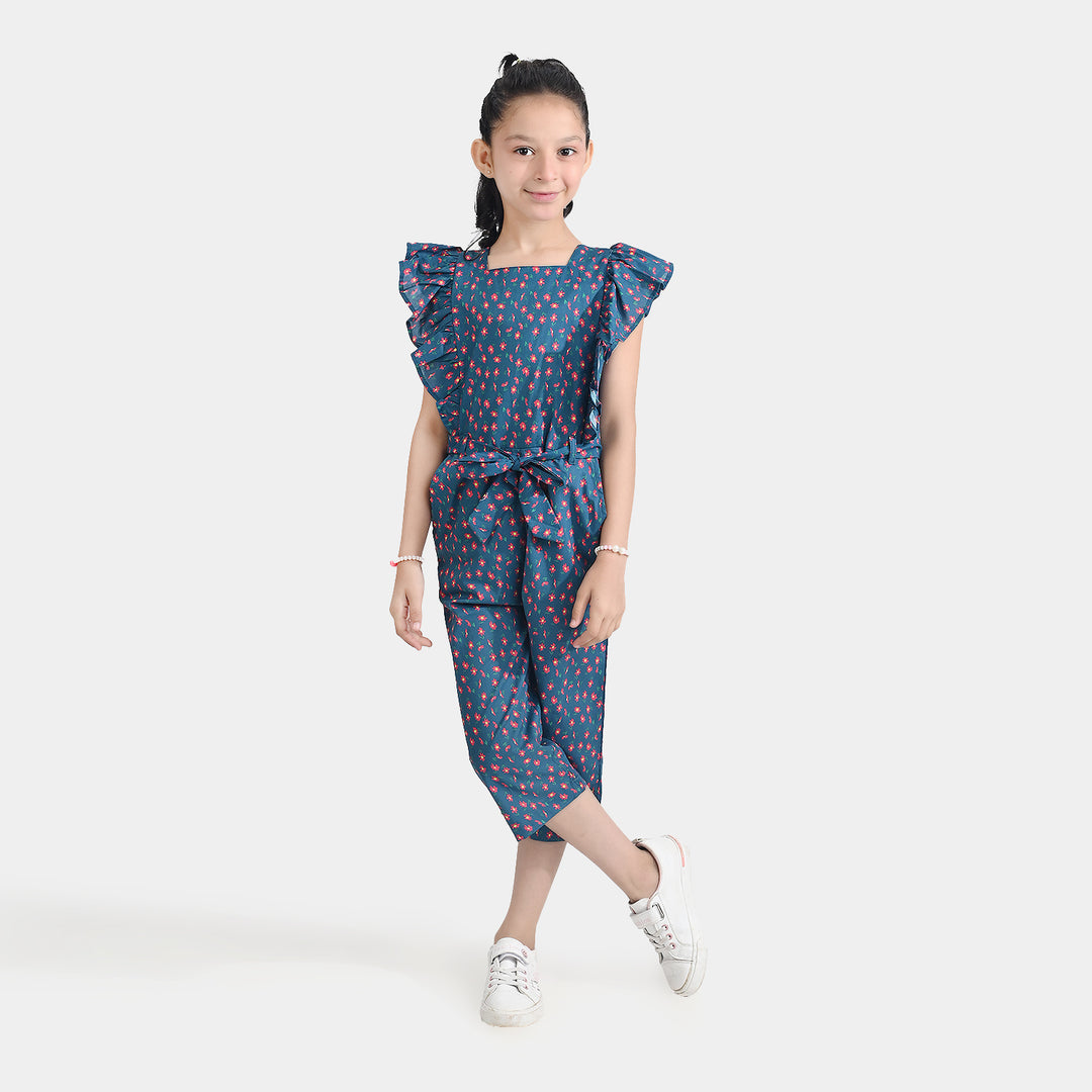 Girls Cotton Poplin Jumpsuit Frill-Multi