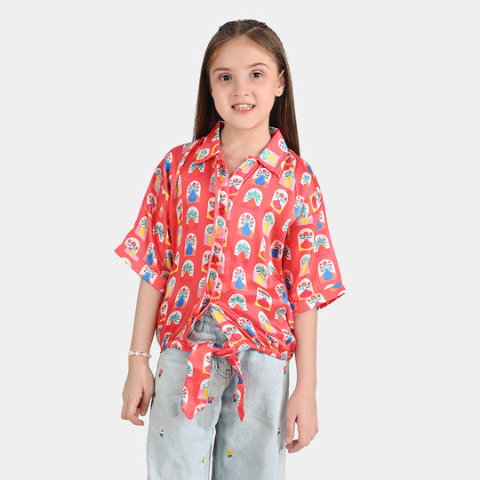 Girls poly cambric Casual Top Red Flora-RED