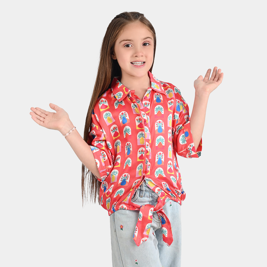 Girls poly cambric Casual Top Red Flora-RED