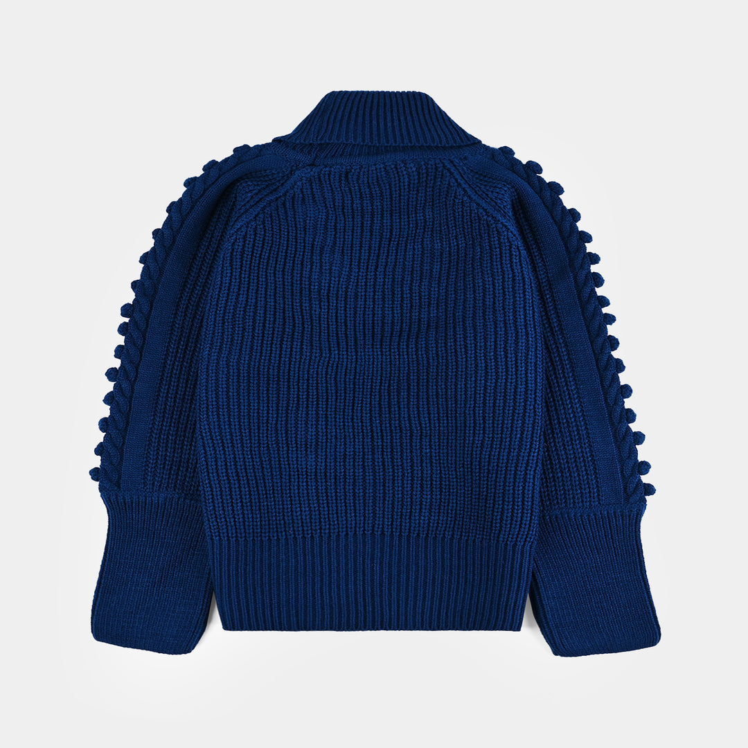 Girls Acrylic Sweater-Pom Pom-Teal.Blue