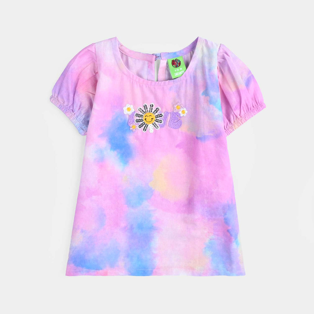 Infant Girls Cotton Poplin Embroidered Top Puffy Sleeves - Pink/Multi