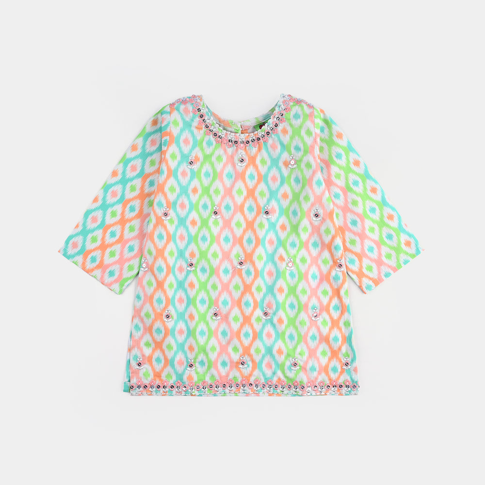 Infant Girls Cotton Poplin Printed & Embroidered 2 Pcs Set (Pink Zari) - Multi