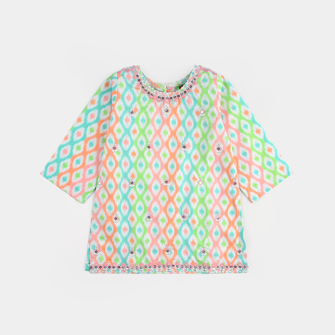 Infant Girls Cotton Poplin Printed & Embroidered 2 Pcs Set (Pink Zari) - Multi
