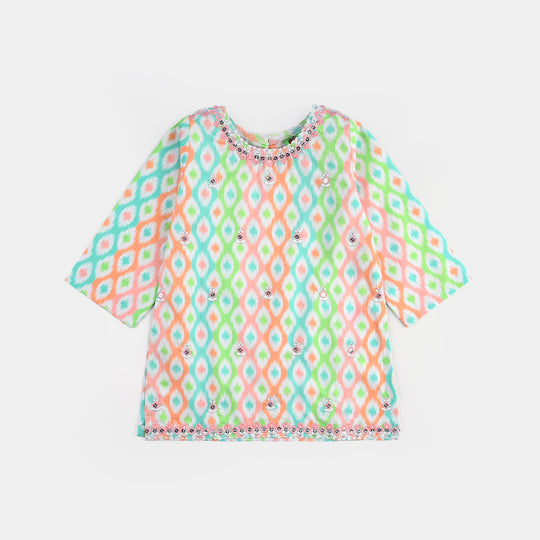 Infant Girls Cotton Poplin Printed & Embroidered 2 Pcs Set (Pink Zari) - Multi