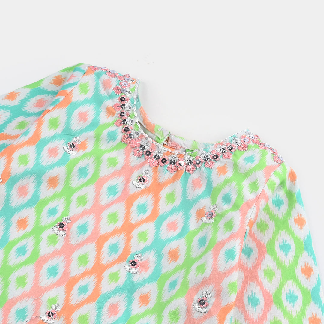Infant Girls Cotton Poplin Printed & Embroidered 2 Pcs Set (Pink Zari) - Multi