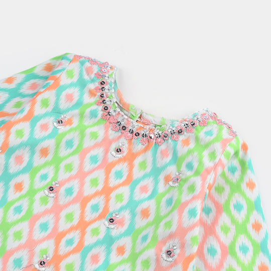 Infant Girls Cotton Poplin Printed & Embroidered 2 Pcs Set (Pink Zari) - Multi