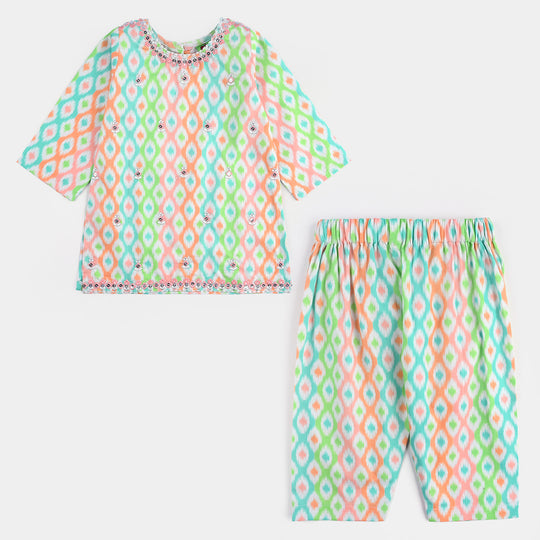 Infant Girls Cotton Poplin Printed & Embroidered 2 Pcs Set (Pink Zari) - Multi