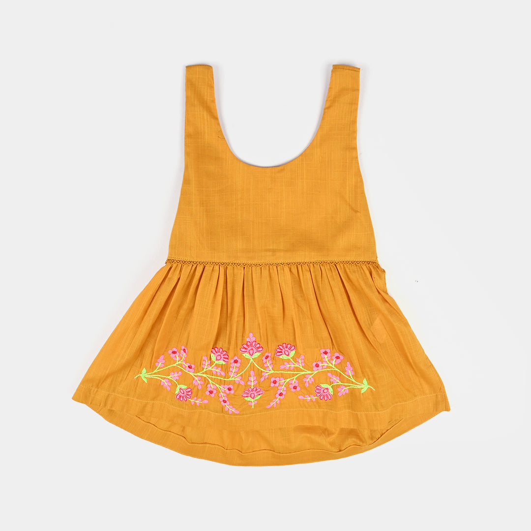 Infant Girls Cotton Slub Emb Kurti Little Popup-Mustard