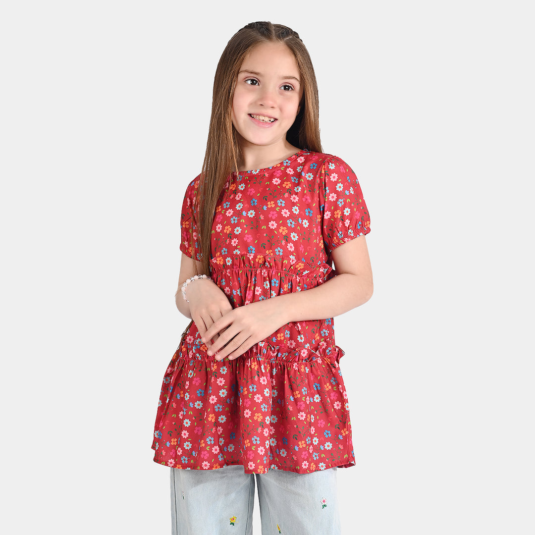 Girls Raw Silk Casual Frock Red Ruffle-Multi