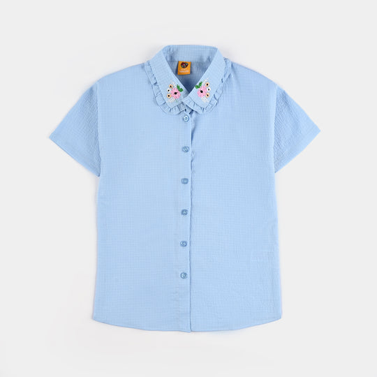 Girls Poly Crinkle Emb Co-Ord Set Frill Collor - Blue
