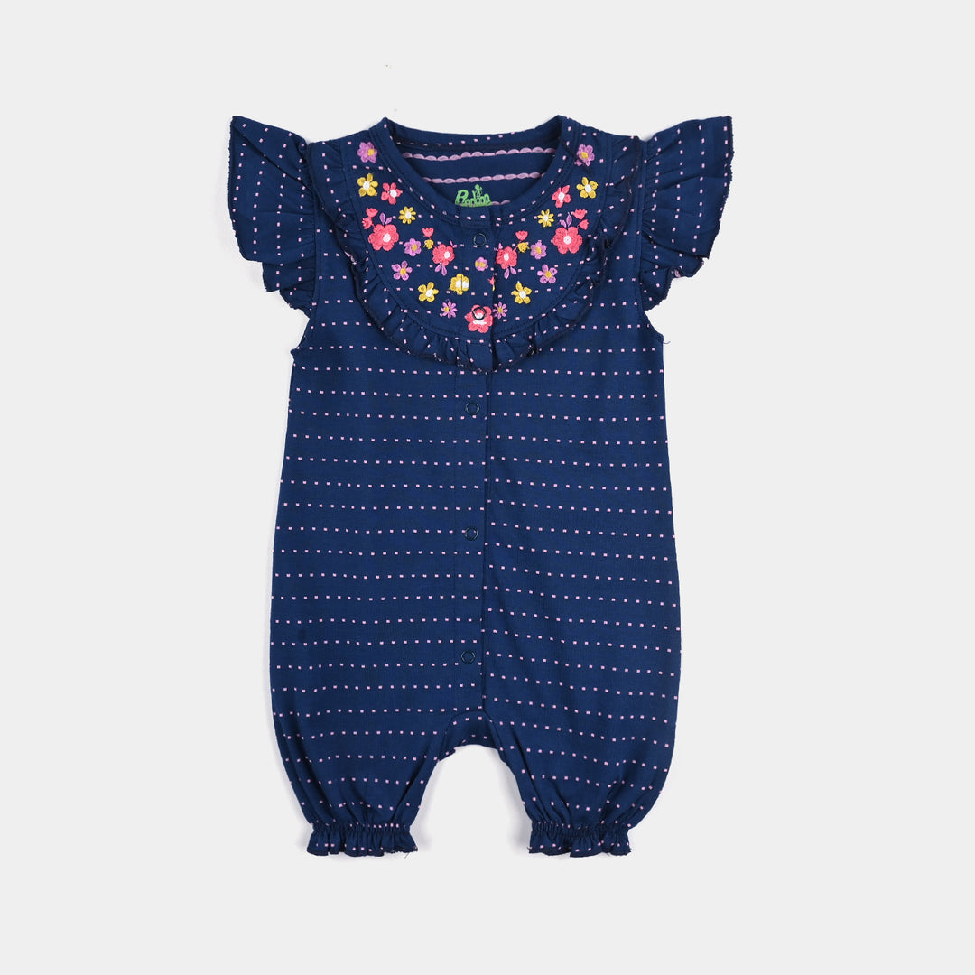 Infant Girls Jacquard Romper Emboss Flower-NAVY