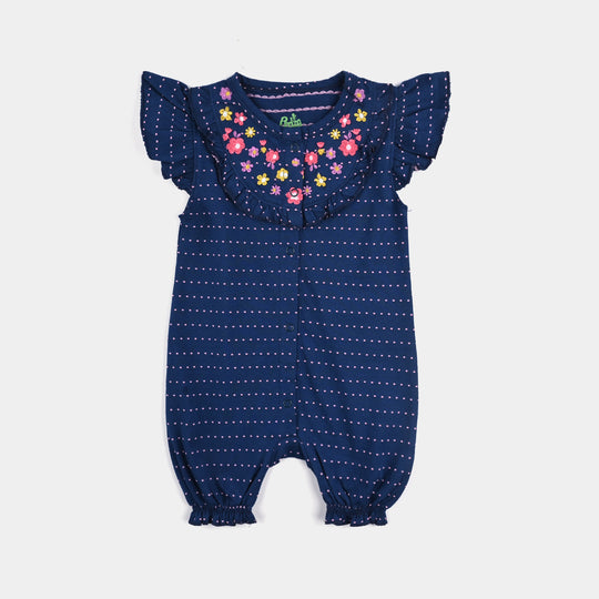Infant Girls Jacquard Romper Emboss Flower-NAVY