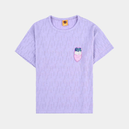 Girls Jacquard T-Shirt (Hearts) - Purple