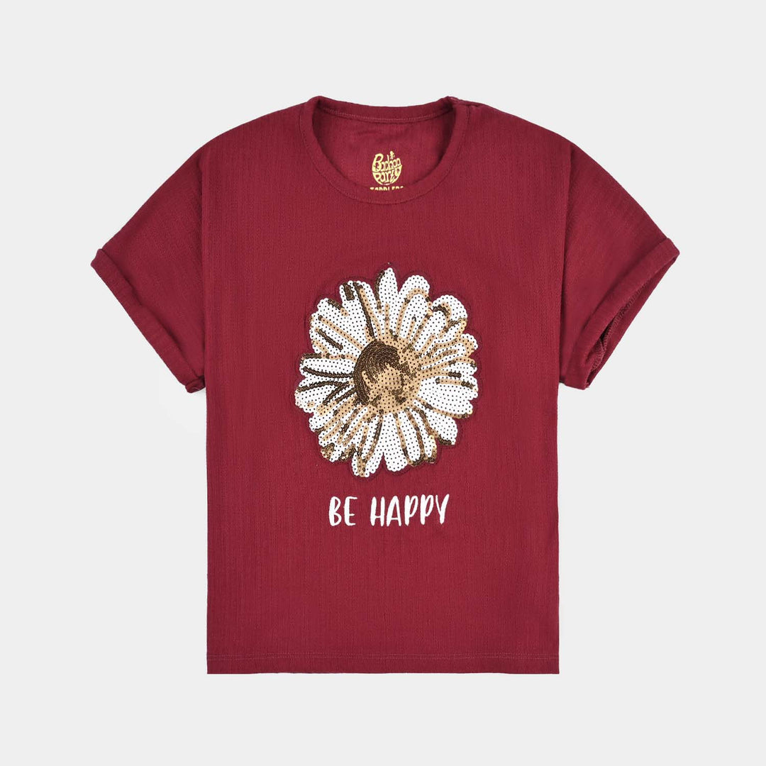 Girls Jacquard T-Shirt (Be Happy) - Red